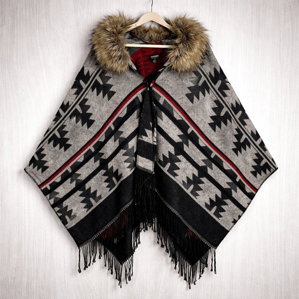 Coffee Shop Aztec Fringe Cardigan Faux Fur Collar Boho Western Wrap OS‎